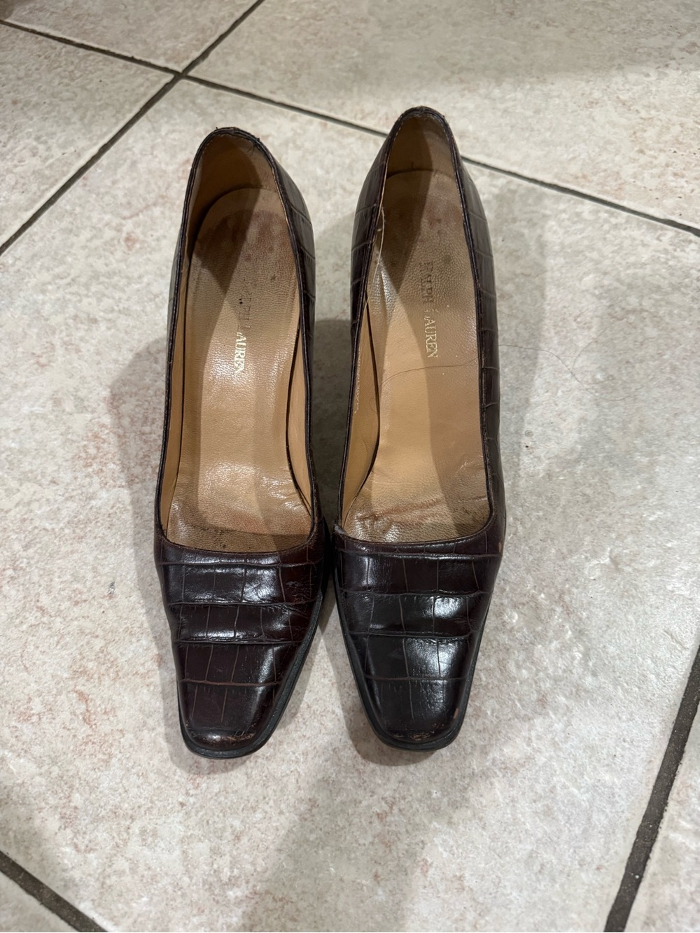 Vintage Ralph Lauren Brown Croc Embossed Leather Pumps Made in Spain EU 36